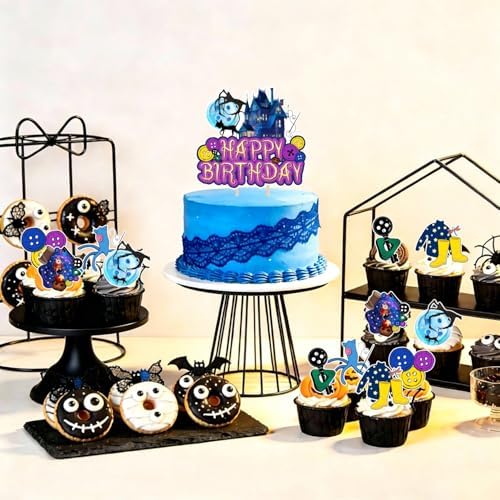40Pcs Horror Birthday Party Decorations Blue Purple Theme Birthday Party Supplies Including Banner Hanging Swirls Balloons Backdrop Cake Toppers and Cupcake Toppers for Halloween Parties Decorations - Image 7