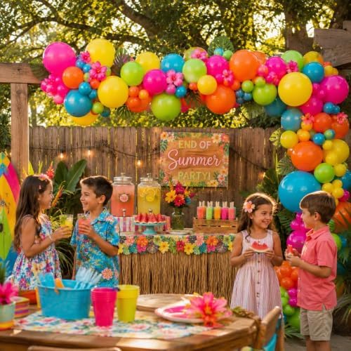 141 Pcs Rainbow Neon Balloon Arch Kit, Hot Pink Lime Green Orange Slate Blue Yellow End of Summer Tropical Balloon Garland for Hawaiian Luau Aloha Birthday Pool Back to School Party Decorations - Image 3
