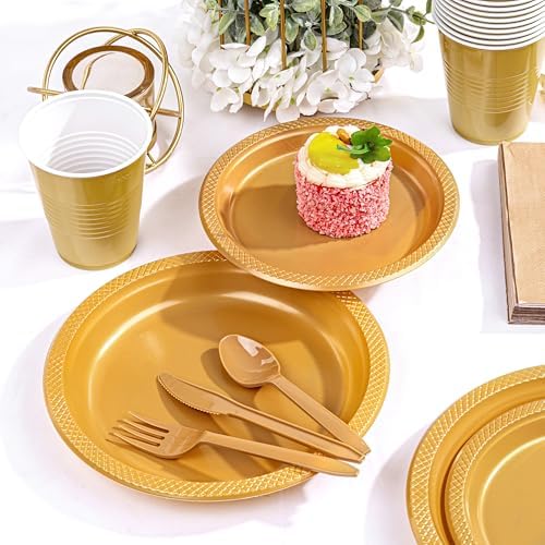 WELLIFE 210Pcs Gold Plastic Plates, Disposable Plastic Plates for Party - Image 6