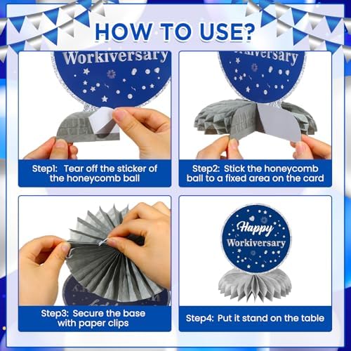 9Pcs Happy Work Anniversary Decorations Navy Blue Silver Happy Workiversary Table Honeycomb Centerpieces Office Anniversary Party Table Topper Decor for Employee Worker Appreciation Supplies - Image 7