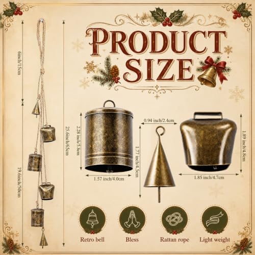 Shimeyao Set of 6 Vintage Rustic Bells Decor Antique Gold Iron Jingle Bells Cluster Christmas Wall Hanging Mix Decoration for Farmhouse Front Door Xmas Tree Weddings Parties 23 Inch - Image 2
