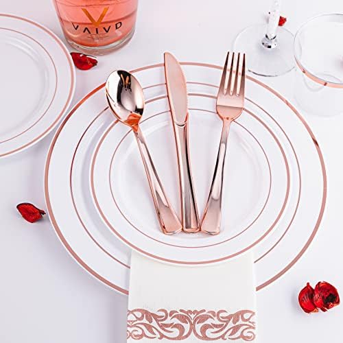 N9R 300PCS Rose Gold Plastic Silverware, Disposable Cutlery & Utensils - Image 4
