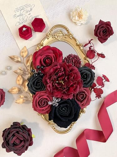 FACINOC Roses Artificial Flowers Burgundy Black Fake Flower Bulk with Stems - Image 3