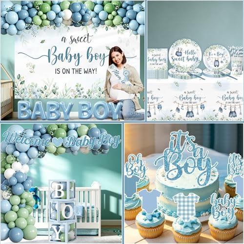 Blue and Sage Green Baby Boy Shower Decorations, All-in-1 Boho Baby Shower Decorations Boy with Balloon Arch Boy Boxes Plates Napkins Cake Toppers Tablecloth Backdrop Banner for Its a Boy Baby Shower - Image 6
