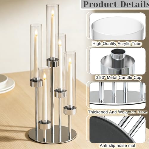 2 Pcs 5-Arm Silver Metal Table Candelabra Centerpiece, 22" Tall Clear Candlesticks Holder with Shade for Valentines Day Events Party Table Centerpiece,Fit LED Candles - Image 3