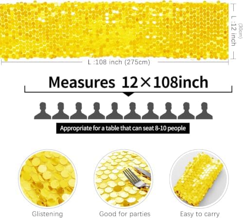 Pufogu 12 "x 108" Yellow Premium Big Payette Sequin Overlay Linens mesh Table Runner, Rectangle Glitter Table Runner for Wedding Party, Birthday Party, Banquet Decor (3 Pack). - Image 4