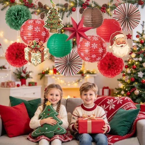 12 Pcs Christmas Paper Hanging Decorations, Vintage Lantern Party Set - Image 7