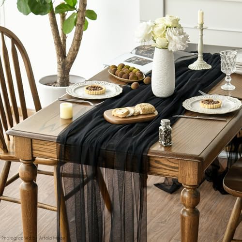 Artoid Mode 3PCS Black Gauze Table Runner 120 Inch 10FT, Seasonal Sheer Kitchen Dining Holiday Wedding Birthday Baby Shower Table Decor for Home Party - Image 6