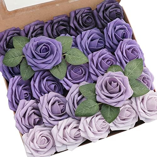 Floroom Artificial Flowers 25pcs Real Looking Lavender Purple Ombre Colors Foam Fake Roses with Stems for DIY Wedding Bouquets Bridal Shower Floral Centerpieces Party Tables Home Decorations by Floroom