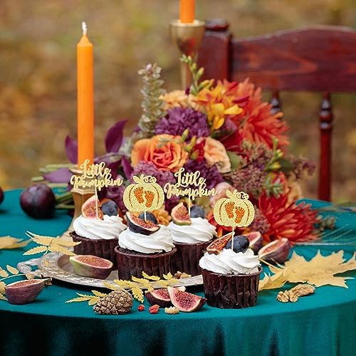 Ephlyn 24Pcs Little Pumpkin Cupcake Toppers Glitter Pumpkin Cupcake Picks Little Pumpkin Baby Shower Decorations Fall Harvest Theme Baby Shower Kids Birthday Party Supplies Gold - Image 4