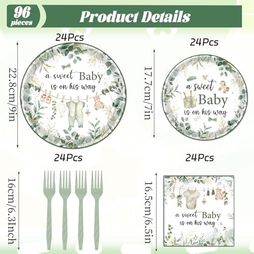 Baby Shower Tableware Set - 96 Pcs A Sweet Baby is on His Way Sage Green Baby Shower Plates Napkins Forks Decorations, Greency Party Dinnerware Supplies for Boys Serves 24 - Image 2