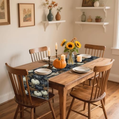 Fall Thanksgiving Table Runner 13x72 Inch by Mode - Pumpkin & Eucalyptus Print, Stylish Home Kitchen Dining Party Decoration - Image 3