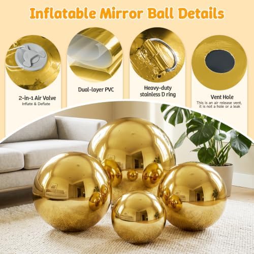 Inflatable Mirror Ball,Reusable Mirror Ball Large Event Decoration PVC Ball for Party,Concerts,Stage,Wedding Decorations - No Pump Included(Gold, 1pcs：0.6m) - Image 4