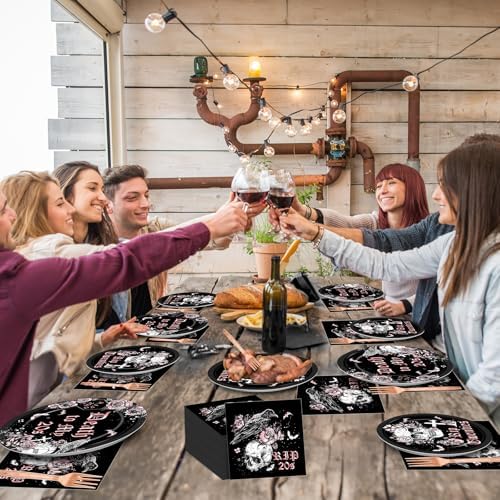 Qyeahkj 100 Pcs 30th Birthday Party Supplies Death to My 20s Paper Plates and Napkins Set Disposable Black Rose Gold Rip to My 20s Tableware Decorations for Women Funeral Youth Party Serve 25 Guests - Image 6