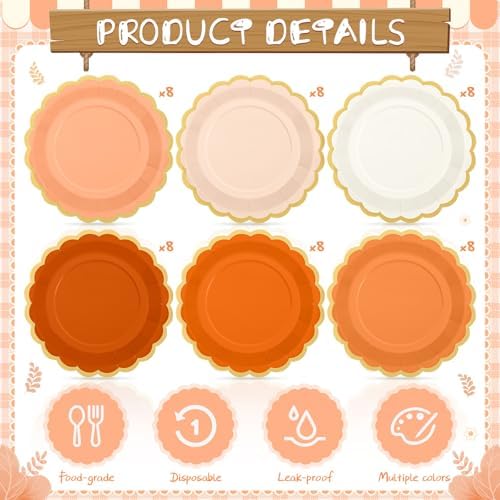 48 Pcs Orange Paper Plates 9 Inch Scalloped Fall Party Supplies - Image 4