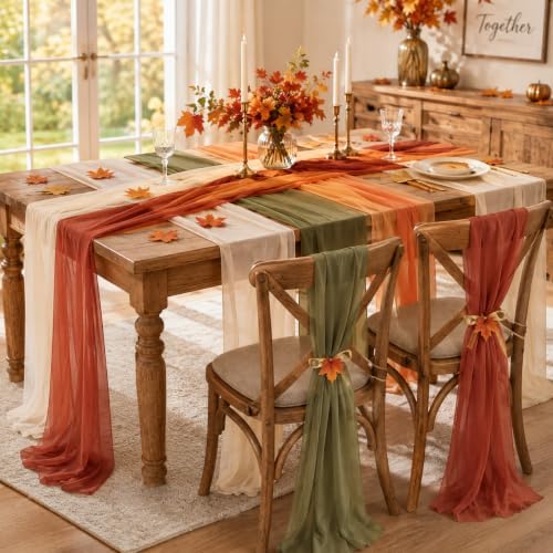 Cinrobiye Fall Table Decorations Set with 8 Pcs Colorful Chiffon Table Runners Artificial Maple Leaves Decorative Ribbon for Thanksgiving Autumn Harvest Wedding Party Home Seasonal Decor - Image 4