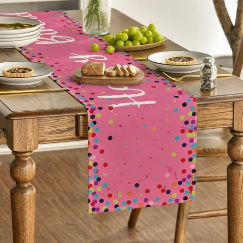 Artoid Mode Polka Dot Pink Happy Birthday Table Runner, Seasonal Kitchen Dining Table Decoration for Home Party Decor 13x36 Inch - Image 3