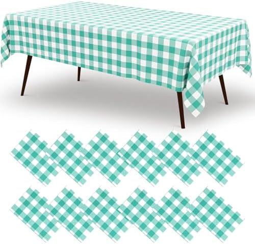 misaya 12 Packs Teal White Buffalo Gingham Plastic Disposable Table Cloth by misaya