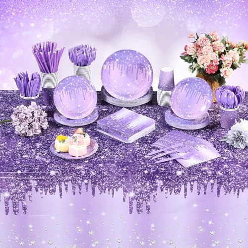 Funnymoom 452 Pcs Purple Glitter Birthday Party Decorations for 50, Purple Silver Paper Plate Napkin Cup Tablecloth Cutlery Straw Disposable Tableware for Women Birthday Wedding Bridal Shower Supplies - Image 6