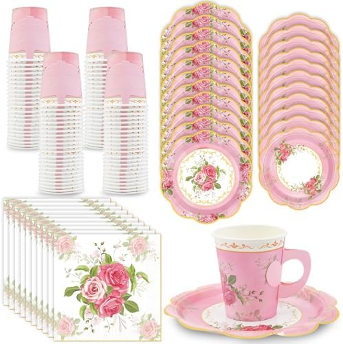 200Pcs Floral Tea Cups and Saucers for Tea Party Supplies, Disposable Tea Cups with Handle and Paper Napkins Dinnerware for Floral Theme Birthday Wedding Bridal Shower Baby Shower（Pink） by EggSun