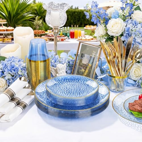 Rubtlamp 100 Guest Blue Gold Plastic Dinnerware Set,Clear Blue Disposable With Gold Rim, Hammer Fancy Party Plates Include 100Dinner Platos,100Cake Platos,100Cups,100 Pre Rolled gold Cutlery - Image 4
