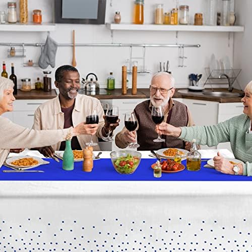8Pack Disposable Plastic Tablecloths and Satin Table Runner White and Royal Blue Dot Tablecloth Blue Satin Table Runner for Wedding Birthday Baby Shower Anniversary Christmas New Year Party Supplies - Image 5