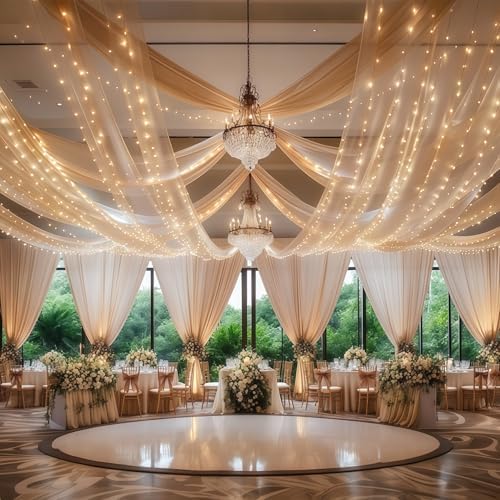 6 Panels Deep Champagne Ceiling Curtains with Lights for Weddings - 5ftx30ft Wrinkle-Free Tulle Fabric Wedding Arch Draping Ceiling Drapes Decorations for Wedding Party Ceremony Stage Tent Event - Image 6