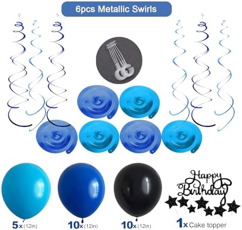 Blue and Black Happy Birthday Party Decorations kit for Boys Men Women with Happy Birthday Banner, Fringe Curtain,Foil Balloons,Cake Topper for birthday decor (blue black) - Image 3