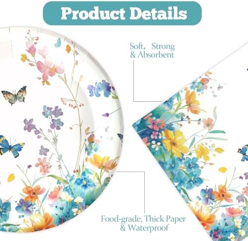 50pcs Wildflower Paper Plates and Napkins Party Decorations, 7inch Watercolor Floral Paper Plate Tableware for Spring Summer Birthday Baby/Bridal Shower Picnic Wedding Girl Tea Party Supplies - Image 4