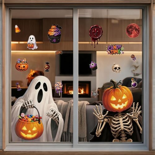 2 Sheets Halloween Window Clings Decorations Ghost Skeleton Pumpkin Window Stickers Static Spooky Glass Window Sticker Decals for Home Office Classroom Party Haunted House Seasonal Decor - Image 5
