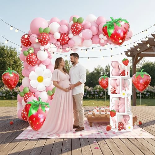 96Pcs Strawberry Baby Shower Decorations for Girl, Berry Sweet Theme Party Supplies with 4 Baby Boxes, 5x3ft Backdrop, Red Pink Balloon Garland Arch & Tablecloth for Summer Fruit Decor - Image 4