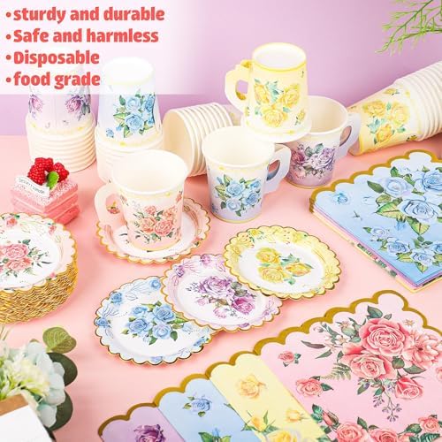 40 Set Floral Tea Cups and Saucers Disposable Tea Party Supplies Colorful Flower Teacups with Handle and Paper Napkins Dinnerware Set for Floral Theme Tea Party Birthday Wedding Bridal Shower Supply - Image 4