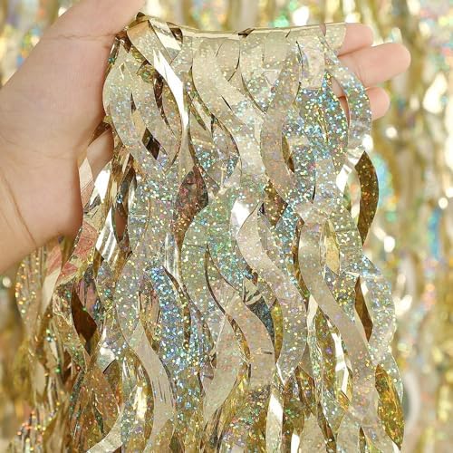 4 Pack Champagne Gold Fringe Curtain Backdrop - CYLMFC 3.3 ft x 6.6 ft Shimmer Wavy Foil Curtain for Birthday Party, Yellow Fringe Backdrop Streamers Party Decorations by CYLMFC