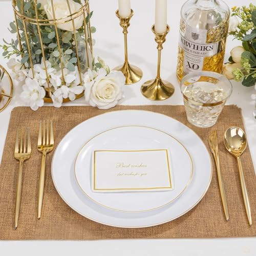 bUCLA 150PCS Gold Plastic Plates Disposable - Gold Dinnerware Set - Include 25 Each (Dinner & Dessert) Plates, 25 Knives, 25 Forks, 25 Spoons & 25 Cups for Party, Thanksgiving, Fall Harvest & Autumn - Image 5
