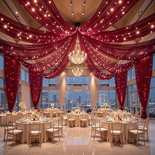 6 Panels Burgundy Ceiling Curtains with Lights for Weddings - 5ftx30ft Wrinkle-Free Tulle Fabric Wedding Arch Draping Ceiling Drapes Decorations for Wedding Party Ceremony Stage Tent Event - Image 4