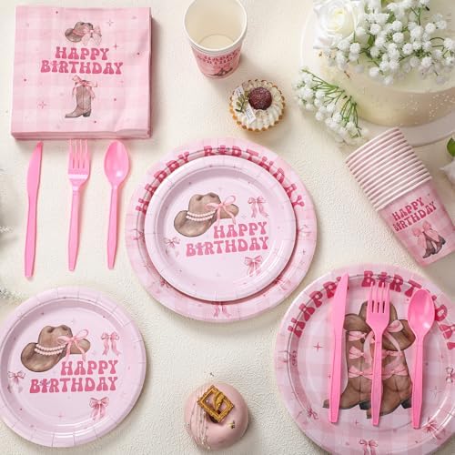 Yungyan 252 Pcs Pink Bow Cowgirl Birthday Party Tableware Set Included Plates Napkins Cups Forks Knives Cutlery for Party Decorations Supplies 36 Guests - Image 4