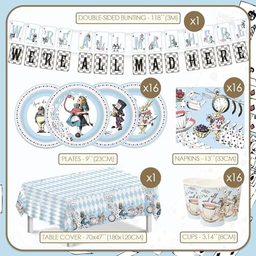 Talking Tables 50pcs Alice in Wonderland Disposable Plates, Cups, Napkins & Bunting Party Set for 16 Guests | Mad Hatter Party Decorations | Birthday Tea Party Decorations - Image 4