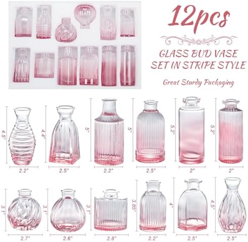 Pink Vase, Glass Bud Vases Set of 12, Small Pink Glass Vases for Flowers Colored Ribbed Flower Vase for Decor Bud Vase in Bulk Vintage Decor Bridal Shower Wedding Centerpieces Home Table Decoration - Image 2