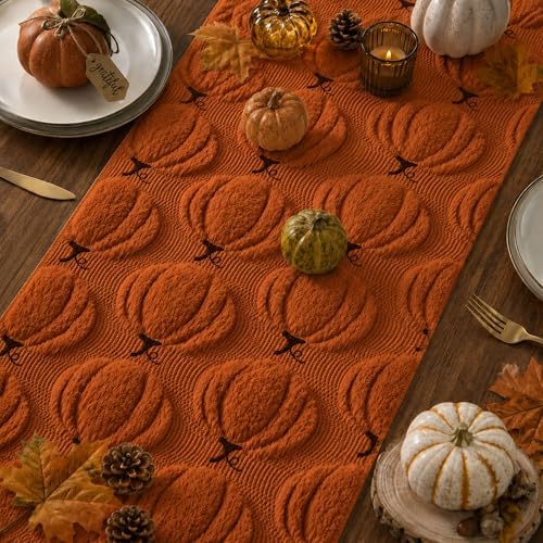 Fall Table Runner 13x108 Inch Soft Plush Faux Fur Jacquard Rust Pumpkin Table Runner, Seasonal Autumn Kitchen Dining Table Decoration for Home Party Decor ZR010B108 - Image 5