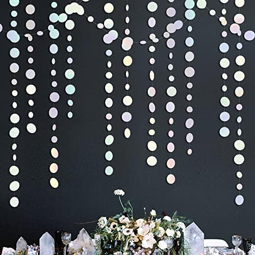 46 Ft White Iridescent Circle Dots Garland Hanging Holographic Polka Dots Streamer for Birthday Bachelorette Engagement Wedding Bridal Shower Galaxy Pastel Winter Christmas Party Decorations Supplies - Image 5