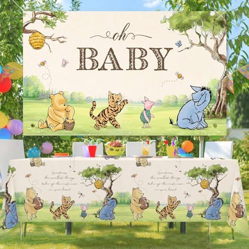 3Pcs Classic Winnie Bear Baby Shower Birthday Decorations Quotes Table Cloths, Neutral Rectangle 54 x 108Inch Disposable Vintage Pooh Bear Tablecloths for Winnie Gender Reveal 1st Birthday Decorations - Image 4