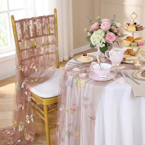 Floral Gauze Table Runner 10ft Embroidery Tulle Spring Wildflower Table - Image 3