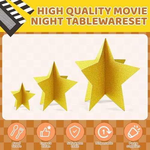 70 Pcs Star Centerpieces for Movie Night Party Decorations 3D 2025 Graduation Table Decor 3 Sizes 8" 5" 3" Red Carpet Film Show Theme Birthday Party Back to School Table Decor （Gold） - Image 3