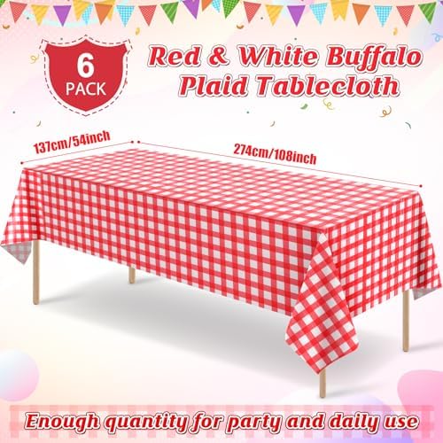 6 Pack Red and White Plastic Checkered Tablecloth, Premium Decorative Disposable Red Gingham Plaid Table Cloths for Parties, Rectangle Party Table Cover for Picnic Farm Birthday Wedding, 54x108 Inch - Image 2