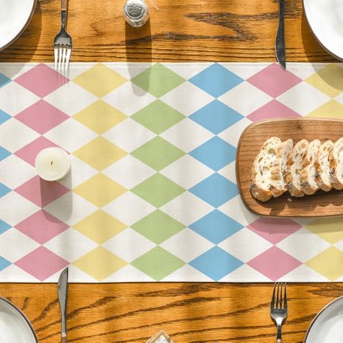 Artoid Mode Diamond Plaid Pink Blue Easter Table Runner, Seasonal Spring Summer Party Kitchen Dining Table Decoration for Home Party Decor 13x72 Inch - Image 3