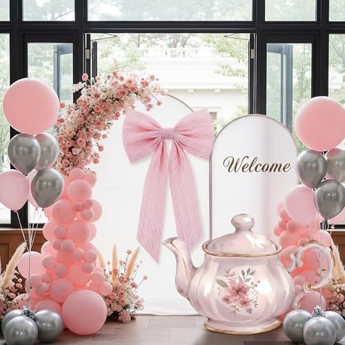 Colingmill Tea Party Decorations Teapot Cardboard Cutout 35.4 x 24.6 Inch Pink Floral Tea Party Baby Shower Let's Partea Photography Background for Women Birthday Bridal Decorations - Image 5