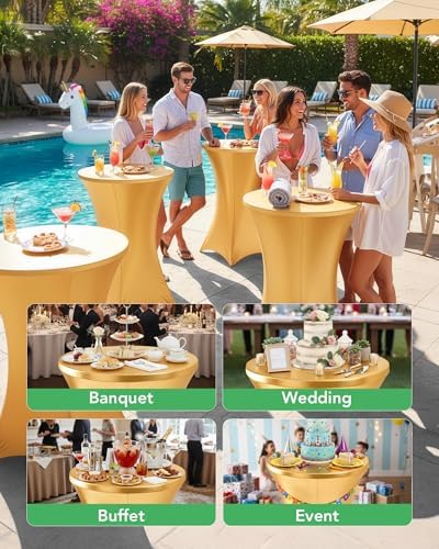 KeyWave Spandex Cocktail Table Covers, 32x43 Inch, Shiny Gold, 8 Pack - Image 2