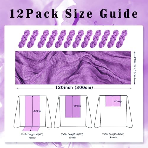 12 Pack Purple Cheesecloth Table Runner 10FT Boho Fabric Rustic Cheese Cloth Table Runner for Wedding Bridal Shower Baby Shower Gauze Sheer Birthday Party Table Decorations 20 x 120 Inch Long - Image 2