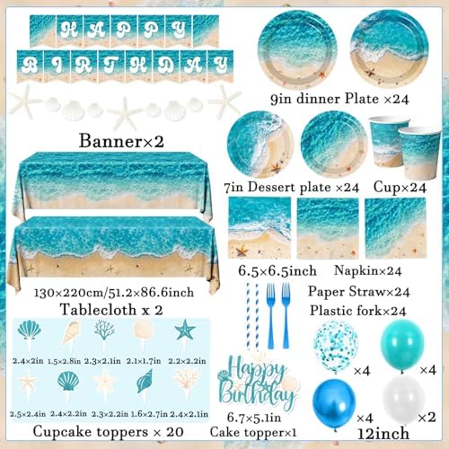 Beach Birthday Party Decorations, 183Pcs Ocean Waves Birthday Party Decorations Summer Pool Hawaiian Beach Party Supplies Plates,Napkins,Cups,Banner,Tablecloth,Balloons,Cupcake Topper,Serves 24 - Image 5