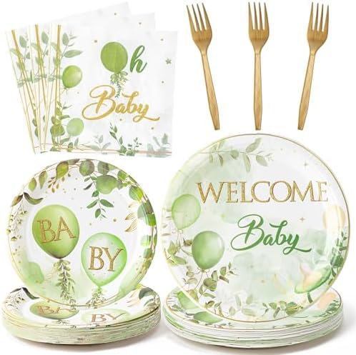 96Pcs Welcome Baby Greenery Baby Shower Sage Green Balloon Party Plates Supplies Tableware Decorations Disposable Paper Plates Napkins Forks for Birthday Gender Reveal, Serves 24 by G1ngtar